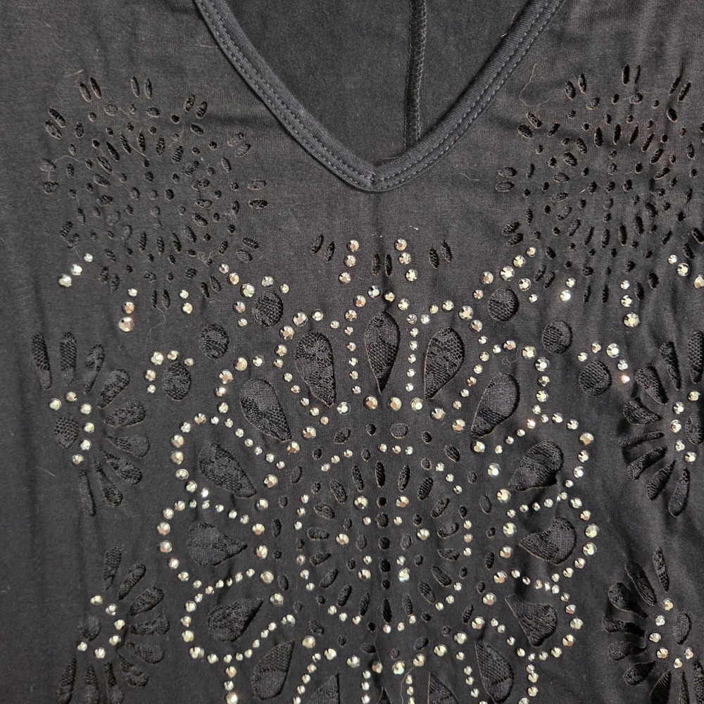 Vocal USA Black Rhinestone Laser Cut Lace Hem Tunic Mini Dress M  Y2K Edgy - Picture 9 of 11